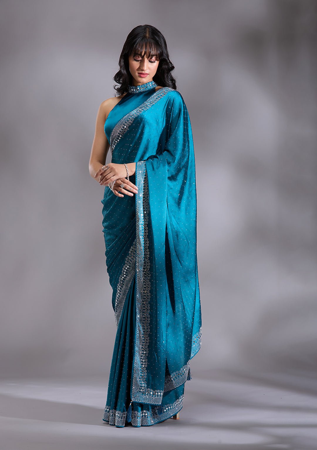Peacock Blue Silver Stonework Satin Saree